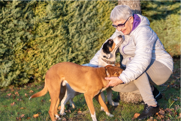 Mulher passeando com cachorros no inverno